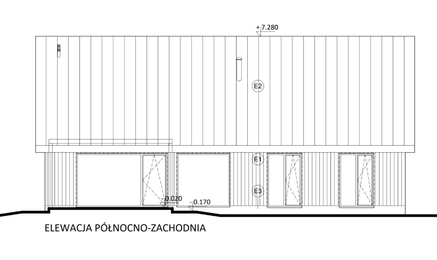 Elewacja projektowa domu z dwuspadowym dachem i szerokimi przeszkleniami